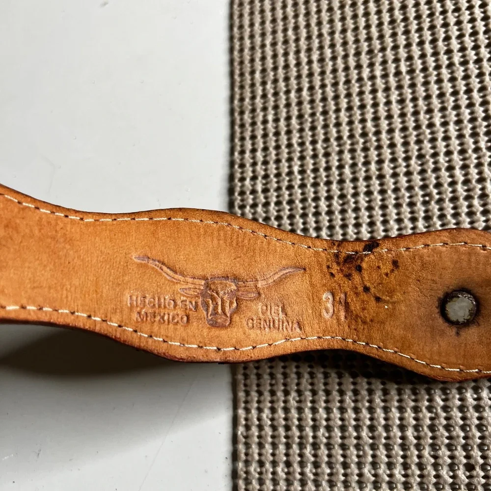 Vintage Mexican Piteado Leather Belt 34 Brown Embroidered Concho Western Star